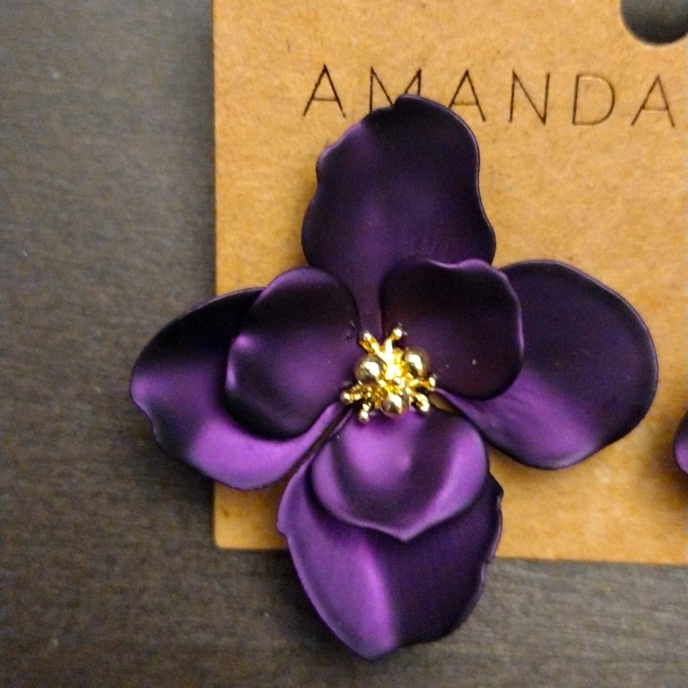 Hand Painted Purple Flower Earrings Brass - Amanda Blu’s - Picture 3 of 7